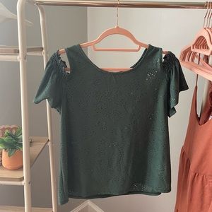Green Eyelet Flutter Sleeve Top